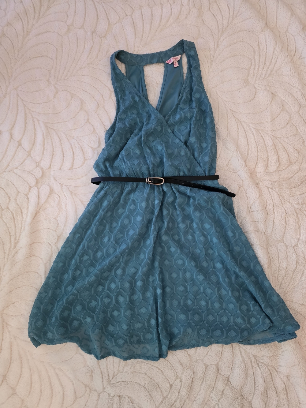 Candie's Teal One-Shoulder Lace Fit & Flare Dress with Belt